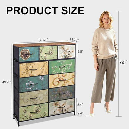 Tall Console Table with 11 Fabric Drawers, Entryway Table with Storage, Tall Storage Organizer with Wood Top, Steel Frame for Living Room, Hallway, Office, Floral Painted