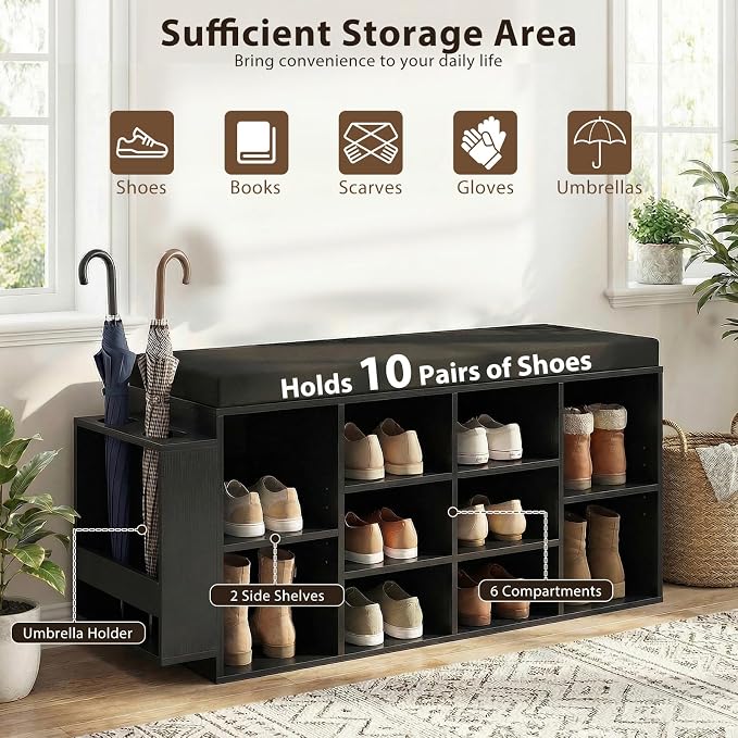 Tangkula Shoe Storage Bench with Umbrella Holder, 40" Shoe Organizer with Cushioned Seat, 10 Cubbies & Adjustable Shelves, Wooden Industrial Shoe Rack for Entryway, Living Room, Bedroom (Black)