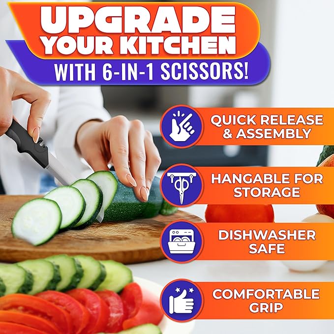 6-in-1 Cutting Board Scissors with Ribbed Blade, Spring-Assist & Safety Lock - Heavy Duty Tool for Slicing Meat, Fish, Bread, Veggies & Fruit One-Handed - Dishwasher Safe Kitchen Scissors for Food