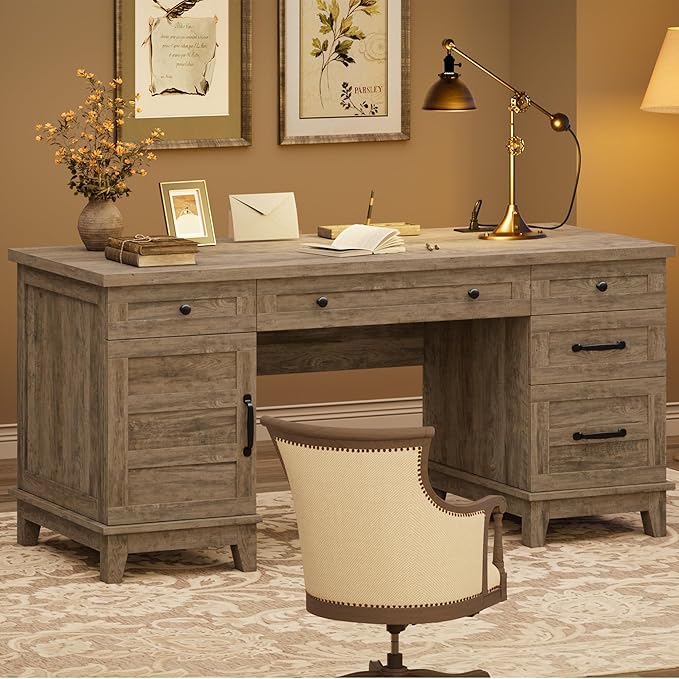60" Traditional Home Office Desk with Power Outlets, Wooden Executive Desk with File Cabinet and Drawers, Farmhouse Wood Work Desk for Work, Study, Writing, Gray