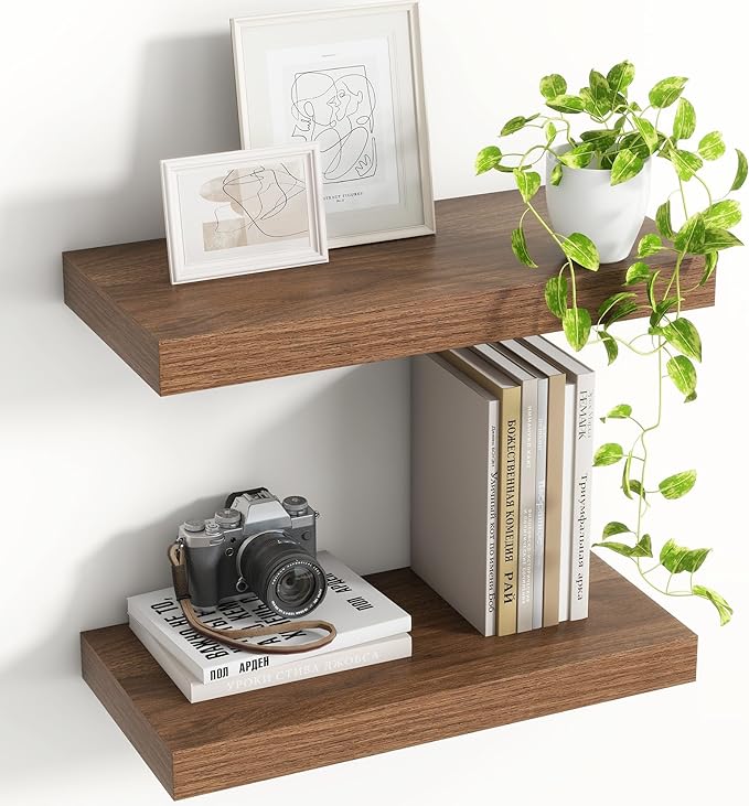 Acovy 16 Inch Floating Shelves, 8 Inch Deep Floating Shelves for Wall, Hanging Shelf with Invisible Brackets, Deep Shelves for Bathroom, Bedroom, Living Room, Walnut, Set of 2