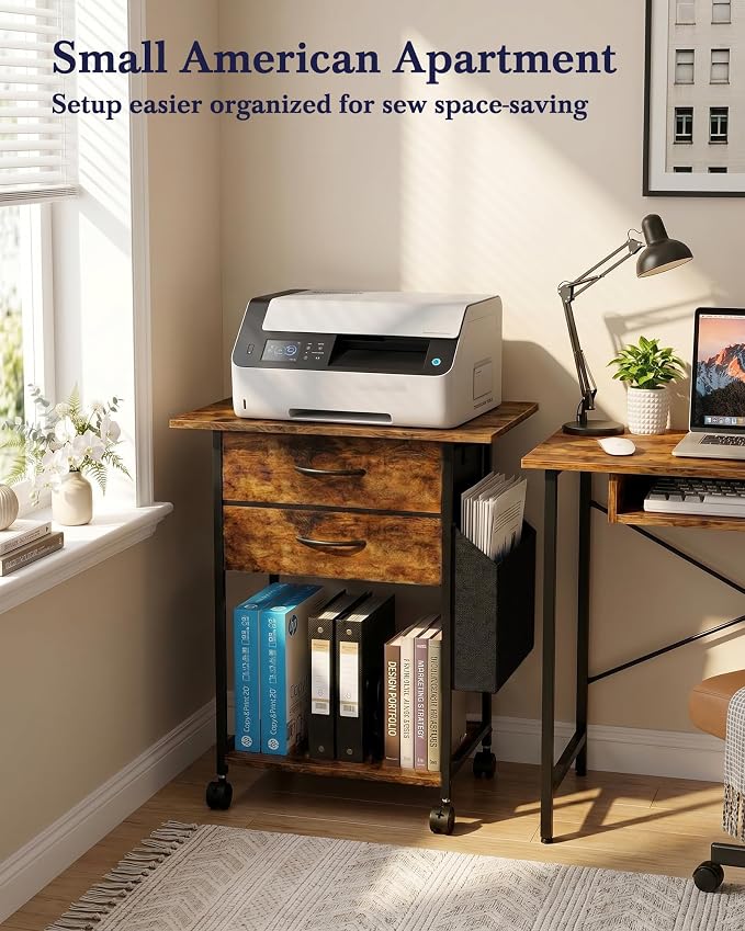 Faesun Printer Stand with Storage, 22'' Printer Cabinet with 2 Fabric Drawers, Rolling File Cabinet for Home Office, Printer Table with File Storage, Side Pocket & Dividers, Rustic Brown