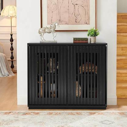 LKTART Buffet Cabinet Sideboard with Storage, Mid Century Modern Accent Credenza Cabinet with Doors & Shelves, Wood Coffee Bar Console Table for Dining Room,Kitchen,Entryway-Black
