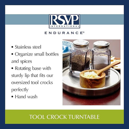 RSVP International Endurance Tool Crock Turntable Lazy Susan, Stainless Steel, 8.25" | Organize Spices & Small Bottles | Spins Easy | Handy in Cabinets or on Counters