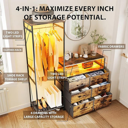 Heavy Duty Garment Rack with Fabric Drawers and LED Light, Freestanding Portable Closet Wardrobe Systems with Shelves for Bedroom, Entryway, Apartment