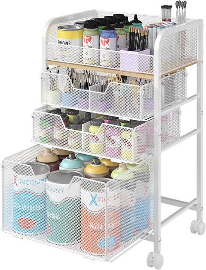 4-Tier Rolling Utility Cart with 3 Drawers-White Craft Organizers and Storage with DIY Dividers, Under Desk Cart with Lockable Wheels, Craft Cart Art Cart for Brushes Artifacts Patent Pending