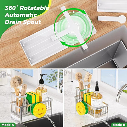 Taugast Sponge Holder for Kitchen Sink,Sink Caddy with Removable Dish Brush Holder,Self-Draining Kitchen Countertop Organizers and Storage Essentials,Soap Dispenser Organize and Home Decor-Silver