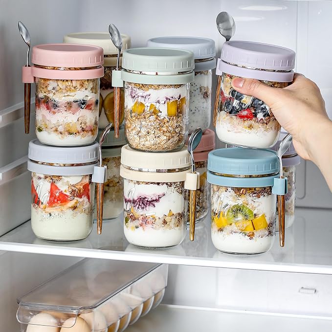 6 Pack Overnight Oats Containers with Lids and Spoons, 16 oz Glass Mason Overnight Oats Jars, Large Capacity Airtight Jars for Milk, Cereal, Fruit
