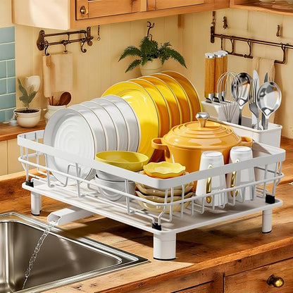 MOUKABAL Dish Drying Rack, Dish Rack, Stainless Steel Dish Racks for Kitchen Counter, Dish Drainer with Removable Utensil Holder, Drainboard (White,13''W x 17''L)