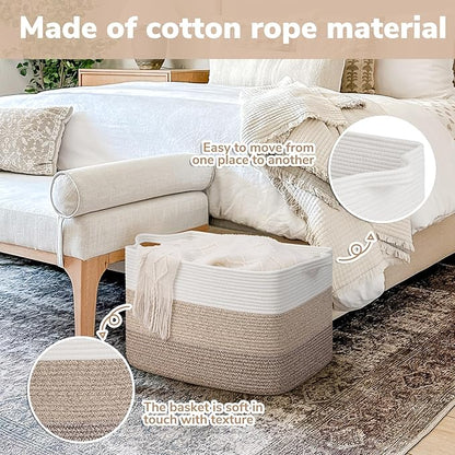 Goodpick Large Storage Basket, 18"x14"x12" Cotton Rope Organizer for Blankets, Toy Baskets Storage Kids, Rectangle Woven Basket for Living Room, Bedroom, Gradient Brown