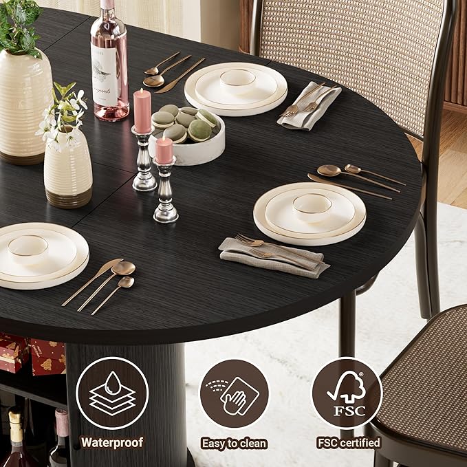 40-55in Black Round Dining Table for 4–6, Modern Expandable Dining Table, Oval Dinner Table with Removable Leaves Space Saving, Kitchen Table for Dining Room,Apartments or Meeting Rooms