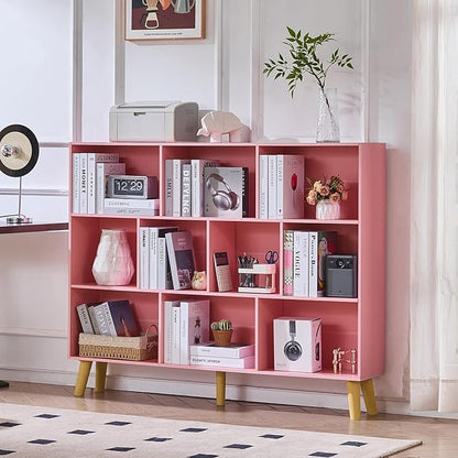 LEYAOYAO 10 Cube Bookshelf, 3 Tier Vintage 55" Wide Bookcase with Legs, Mid-Century Wood Bookshelves Storage, Light Pink Large Book Case, Freestanding Organizer Display Shelf for Living Room, Office