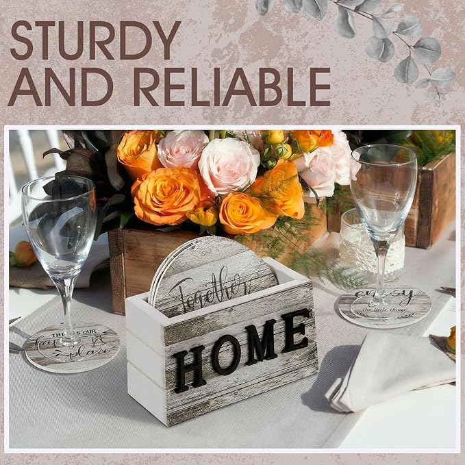 Queekay Coasters Set of 6 House Warming Gifts New Home Wooden Farmhouse Drink Coasters with Holder 4'' Funny Decoration for Kitchen Family Coffee Bar Tabletop Protection(Wood Color)