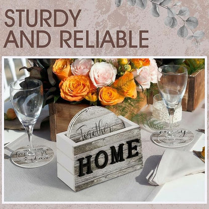 Queekay Coasters Set of 6 House Warming Gifts New Home Wooden Farmhouse Drink Coasters with Holder 4'' Funny Decoration for Kitchen Family Coffee Bar Tabletop Protection(Wood Color)