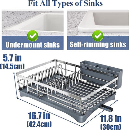 SNTD Dish Drying Rack for Kitchen Counter - Stainless Steel Dish Rack with Drainboard, Large Dish Drainer with Utensil Holder for Sink, Silver