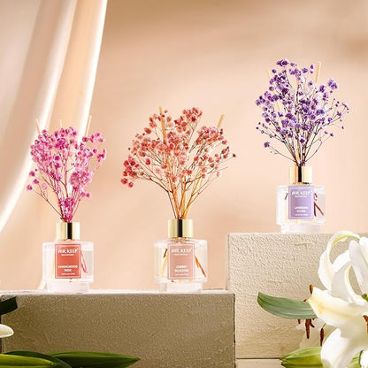 Airkeep Reed Diffuser Set of 3, Lavender Thyme Sandalwood Rose Cherry Blossom Oil Reed Diffusers for Bedroom Living Room Office Aromatherapy Oil Reed Diffuser for Gift 50ml x 3