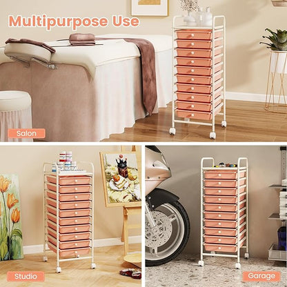 RELAX4LIFE 10 Drawer Rolling Cart - Slim Storage Cart w/Lockable Wheels for Classroom School Teacher Office, Art Supplies Paper Scrapbook Craft Organizers, Utility Cart with Drawers (Peach Pink)