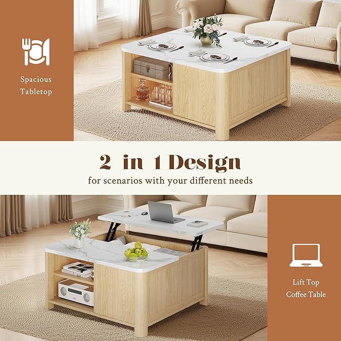 Lift Top Coffee Table with Storage, 31.5" Mid Century Modern Square Coffee Tables for Living Room, Large Hidden Storage Compartment, Adjustable Shelves & Sliding Door, Oak