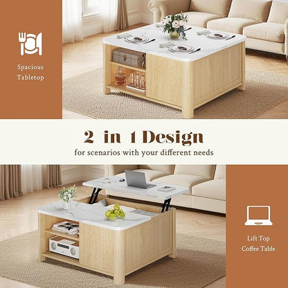 Lift Top Coffee Table with Storage, 31.5" Mid Century Modern Square Coffee Tables for Living Room, Large Hidden Storage Compartment, Adjustable Shelves & Sliding Door, Oak