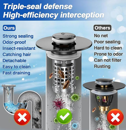 Sink Stopper Hair Catcher, Pop-up Sink Drain Strainer with Removable Stainless Steel Strainer Basket Hair Catcher, Bathroom Sink Strainer for Bathroom Sink Stopper (2, Matte Black)