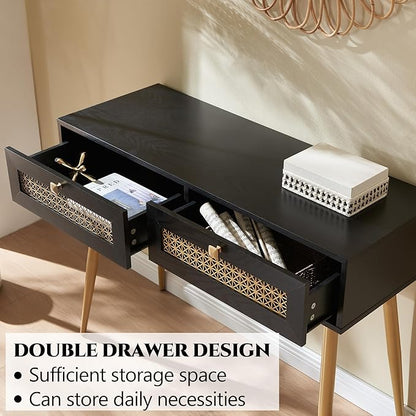 Mid Century Modern Console Table with Drawers, Narrow Sofa Table for Living Room, Entryway and Bedroom, Boho Style, Black