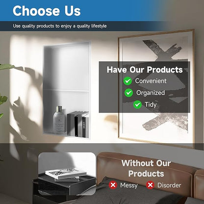 Shower Niche 9" X 25" White, Stainless Steel Wall Niche Double Shelves Recessed Shower Shelf for Bathroom Storage, No Tile Needed Over Mount Installation