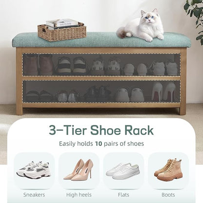 Shoe Rack Bench with Cushion, 2 Tier Solid Wood Storage Bench, Mid-Century Modern Shoe Bench for Entryway, Hallway, Closet, Front Door Entrance, Foyer (Teal, 46.5")