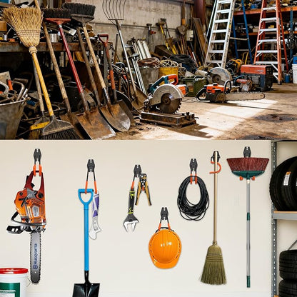 Steel Garage Storage Hooks - 16 Pack Anti-Slip Coating，Heavy Duty Steel Hooks for Hanging Power and Garden Tools，Ladders, Hose, Bikes, Ropes, Bulk Items, and More Hooks