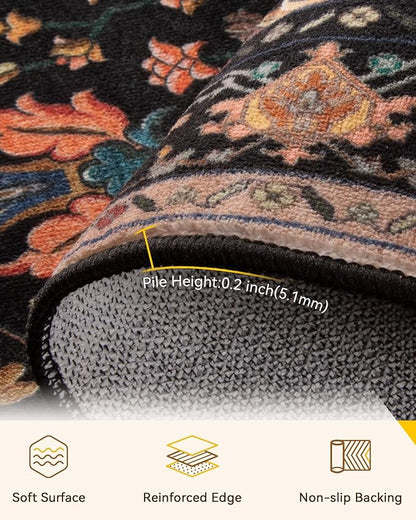 RELEANY Area Rugs 8'x10' Washable Non-Slip, Floral Vintage Distress Medallion Carpet for Living Room Bedroom Dining Room, Black Colorful Floral Dark Tan