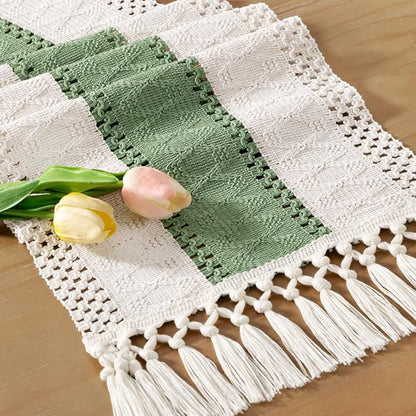 Socomi Boho Table Runner Valentine's Day Farmhouse Rustic Dining Kitchen Small Macrame Woven Cotton Linen Coffee Table Runner for Dresser Scarf Home Decor 12x36 inch Sage Green Ivory