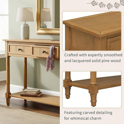 Knocbel Antique Entry Console Table with 2 Drawers & Bottom Open Shelf, Wood Sofa Tables for Entryway Hallway Living Room, 35.34" W x 13.8" D x 30.25" H, Natural