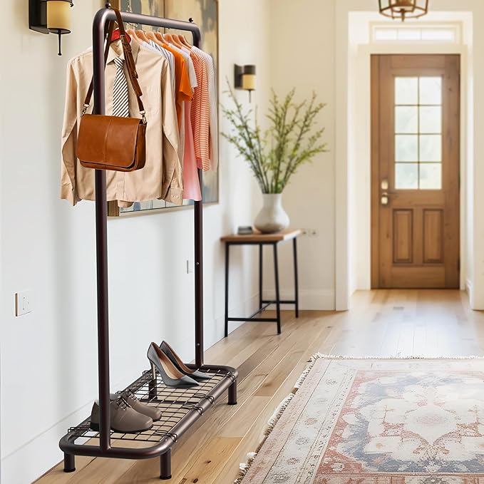 Simple Houseware Clothing Rack with Industrial Pipe and Bottom Shelves, Bronze