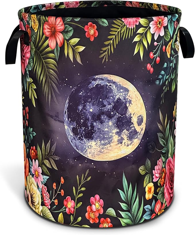 Moon Flowers Laundry Basket Beautiful Night Oxford Cloth Laundry Hamper With Handle Foldable Portable Clothes Storage Basket 18.9 X 16.5 Inch Storage Bag For Laundry Room/Bathroom/Bedroom/Dormitories
