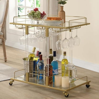 Bar Cart for Home Bar Chrome Serving Cart with Wine Rack 2-Tier Acrylic Rolling Bar Carts on Wheels Clear Dessert Cart Lucite Bar Stand Glass Liquor Cart for Living Room Kitchen Club Gold