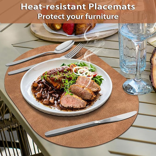 ADRIMER Placemats, Heat Resistant Oval Placemats Set of 6 Washable 12 x 17 Inch, Waterproof Table Mats, Wipeable Pu Place Mats for Kitchen, Dining Room, Sandy Light Brown