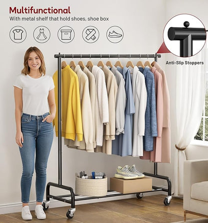 SLEEPING LAMB Heavy Duty Clothing Racks for Hanging Clothes Rack, 43" Wide Rolling Garment Rack Metal Clothing Hanger Rack with Wheels Wardrobe Rack for Coats, Shirts, Dress, (Black)