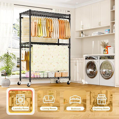 P5 Plus Rolling Clothes Rack Heavy Duty, Clothing Racks for Hanging Clothes, Metal Garment Rack with Wheels, 3-Tier Portable Closet Rack 45'' W × 20.5'' D × 80.5'' H, Max Load 660 Lbs, Black