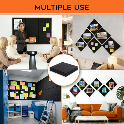 Large Cork Board, Black Bulletin Board 36"x 24", 6 Pack Felt Wall Tiles with 35 Pcs Pushpins, Pin Boards for Office, Home & Classroom