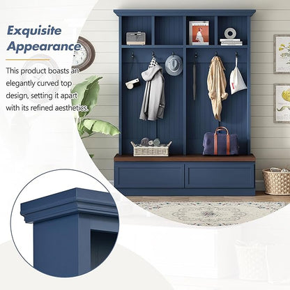 Merax Wood Hall Tree with 6 Hooks & Entryway Bench, Farmhouse Mudroom Versatile Coat Racks with 2 Large Drawers, Entrance Organizer for Hallway, Blue