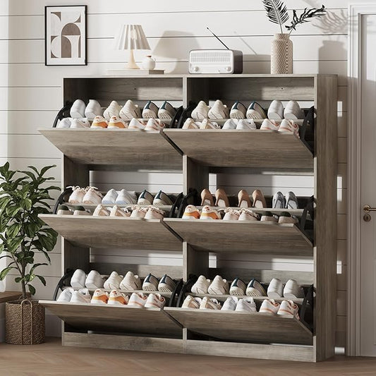 Xixini Shoe Storage Cabinet for Entryway with 6 Flip Drawers, Sturdy Wood Hidden Shoe Storage, Freestanding Narrow Slim Shoe Organizer for Front Door Entrance, Living Room, Hallway, Bedroom, Grey