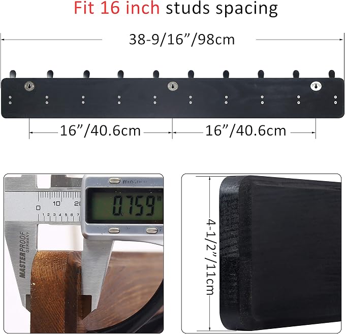 WEBI Coat Rack Wall Mount,38 9/16" Long,10 Tri Hooks for Hanging Coats,16" Hole to Hole,Coat Hooks Wall Mounted Coat Hanger,Farmhouse Wood Hook Rack for Clothes,Jacket,Hats,Rustic Black