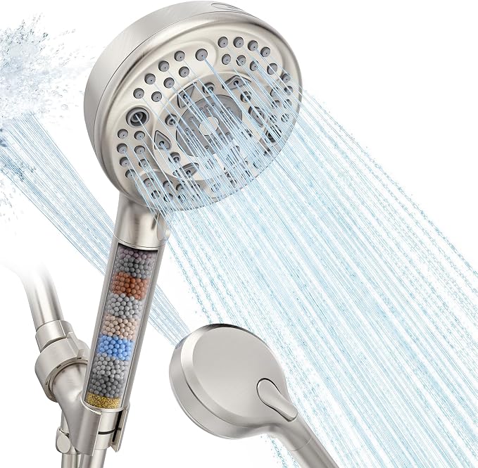 Filtered Shower Head with Handheld, 9-Spray Mode High Pressure Detachable Shower Head with Filters for Hard Water - Remove Chlorine Brushed
