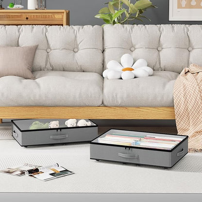 EE-RoomWorld Under Bed Storage with Wheels, No Assemble Required 5.5 inches height grey under bed storage bins,Low Profile Rolling Underbed Shoe Storage containers，dorm underbed storage drawers