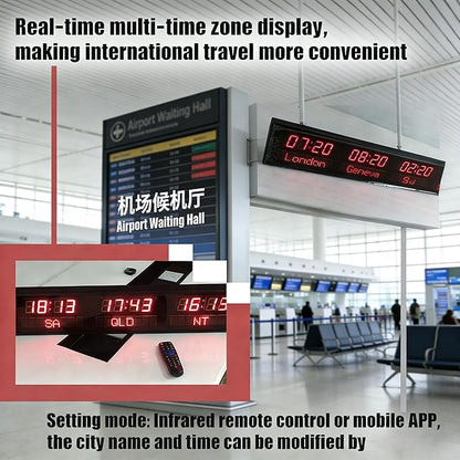 LED World Clock 5 Time Zones - WiFi Auto-Sync Digital Wall Clock with 3-Level Brightness, Ultra-Clear Wide Viewing Angle, All-Aluminum Housing for Multinational Enterprises, Hotels & Offices