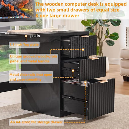 48" Modern Fluted Executive Desk with Storage Cabinet, Large Wood Home Office Desk with Golden Handles & File Drawer, Black Computer Writing Table for Office,Study, Living Room, Bedroom
