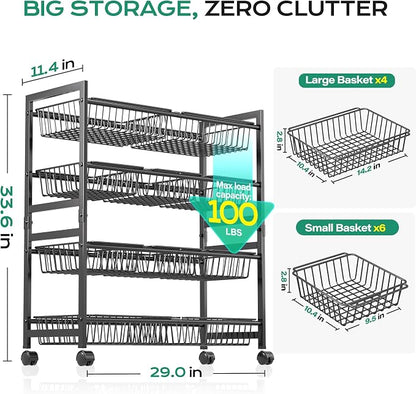 Cinati 4-Tier Snack Cart with Wheels, 29''W Toy Storage Organizer, Rolling Pantry Storage Cart with 10 Wire Baskets & Handle,Adjustable Metal Snack Rack, Kitchen Organizer for Fruit, Vegetables(Black)