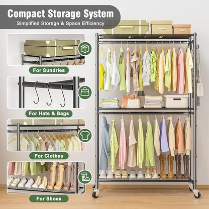 Rolling Clothes Rack for Hanging Clothes, 47.2"x 11.8"x 79" Large Capacity Garment Rack with Double Rods & 3 Wire Shelves, Portable Closet with Wheels for Bedroom, Laundry, Balcony (Black)