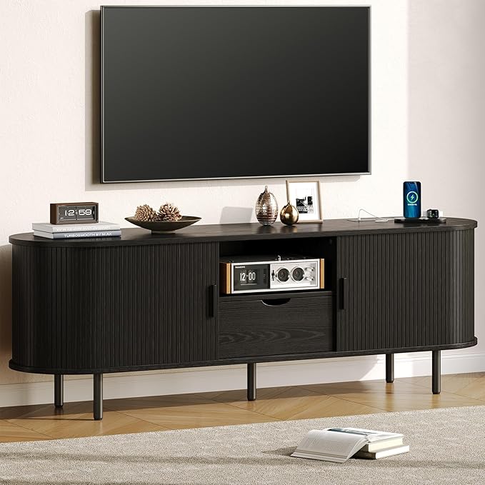 63" Mid-Century TV Stand with Power Outlet, Fluted Entertainment Center with Storage and Drawer, TV Console with Sliding Door and Adjustable Shelves, TV Stand up to 80" for Living Room, Black