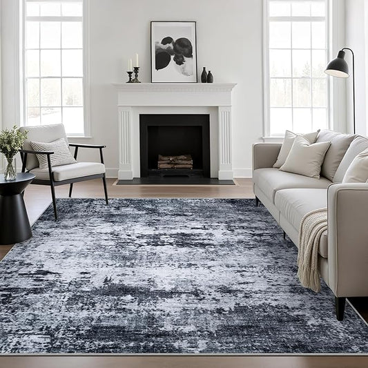 6x6 Area Rug Living Room Rug: Washable Modern Abstract Soft Thin Rug Indoor Floor No Slip Stain Resistant Carpet for Bedroom Dining Room Farmhouse Nursery Home Office - Black