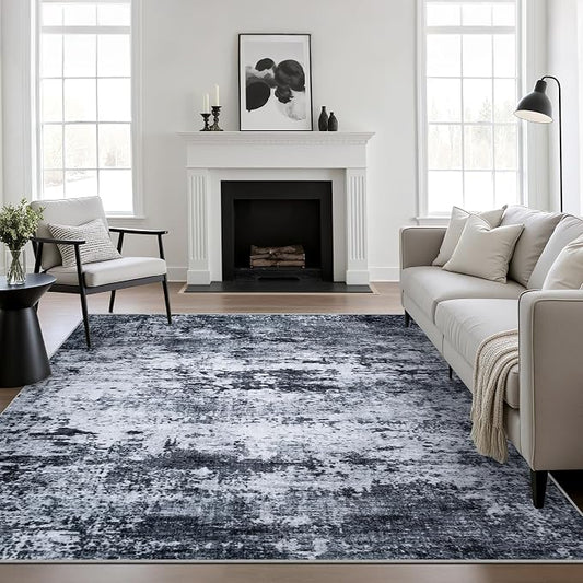 5x5 Area Rug Living Room Rug: Washable Modern Abstract Soft Thin Rug Indoor Floor No Slip Stain Resistant Carpet for Bedroom Dining Room Farmhouse Nursery Home Office - Black